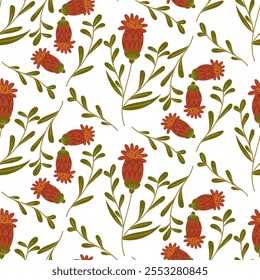 Thistle, seamless pattern in flat style, vintage colors. A flower bud with leaves. Vector illustration of a thistle in a seamless texture. Flower, leaves and buds on white. printing on textiles