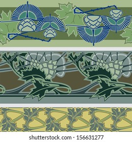 Thistle vector seamless decorative strip set. Thistle vector seamless pattern. Art Nouveau style floral texture.