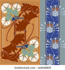 Thistle vector seamless pattern. Thistle vector seamless decorative strip set. Art Nouveau style floral texture.