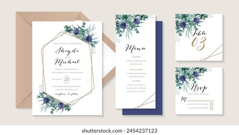 Thistle wedding invitation template with geometric gold frame perfect for rustic wedding theme, watercolor floral wedding stationery set