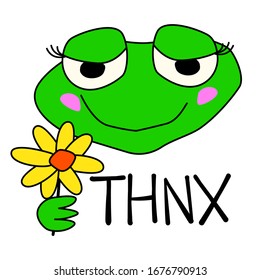 THNX! Youth slang which means thank you. Beautiful cute frog holding a flower. Emotion of gratitude and coquetry. Female cartoon character for stickers, logo, print and social networks.