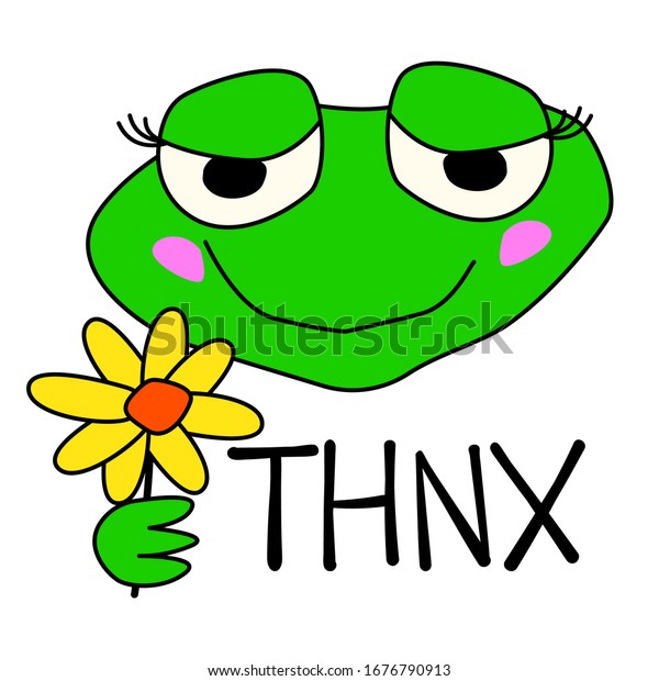 スネックス 若者の俗語でありがとう 花を持つ美しいかわいいカエル 感謝と質問の感情 ステッカー ロゴ プリント ソーシャルネットワーク用の女性の漫画の キャラクター のベクター画像素材 ロイヤリティフリー