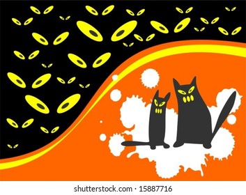 Tho black cats on orange background. Halloween  illustration.