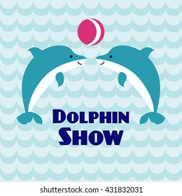 Tho playing dolphins with ball on wave background. Square template suitable for  dolphinarium. Can be used for poster, card, brochure, invitations designs. Art vector Illustration. 