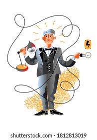 Thomas Alva Edison great discoverer scientist holding lamp and plug. Light bulb, wire and socket. Famous historic american inventor genius character. Electricity discover. Vector illustration