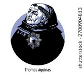 Thomas Aquinas was a medieval Italian philosopher and theologian, the most famous student of Albertus Magnus, who received the honorary title of Teacher of Angels. Hand-drawn vector illustration