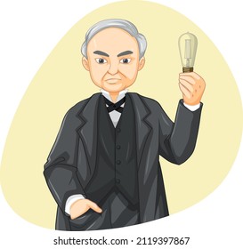 Thomas Edison holding light bulb illustration