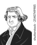 Thomas Jefferson 1743-1826 face drawing. Hand-drawn engraving of American Founding Father and author of Declaration of Independence. Vector black and white historical illustration.