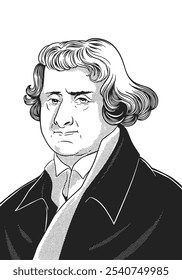 Thomas Jefferson 1743-1826 desenha o rosto. Gravura desenhada à mão do Pai Fundador Americano e autor da Declaração de Independência. Ilustração histórica em preto e branco vetorial.