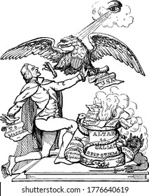 Thomas Jefferson, knelt down at an altar and an eagle trying to stop him from demolishing the Constitution, vintage line drawing or engraving illustration.