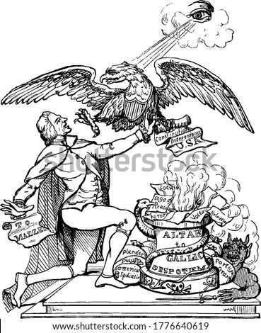Thomas Jefferson, knelt down at an altar and an eagle trying to stop him from demolishing the Constitution, vintage line drawing or engraving illustration.