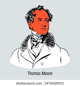 Thomas Moore — romantic poet, songwriter and ballad writer. One of the main representatives of Irish romanticism. Hand drawn vector illustration