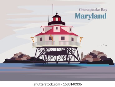 Thomas Point Shoal Light lighthouse, Chesapeake Bay, Maryland, United States. Vector illustration