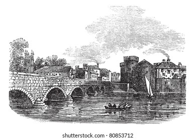 Thomond Bridge and King John's Castle, Limerick, Ireland vintage engraved illustration. Trousset encyclopedia (1886 - 1891).