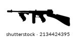 Thompson sub machine gun vector silhouette illustration isolated on white background. WW2 USA soldier rifle shape. Tommy gun, mafia boss weapon during prohibition battle symbol.