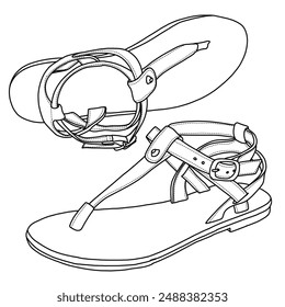 Thong Flat Casual T Strap Dress Sandals for Women Summer Wedding Line art, Technical sketch hand drawing outline vector doodle illustration isolated on white background
