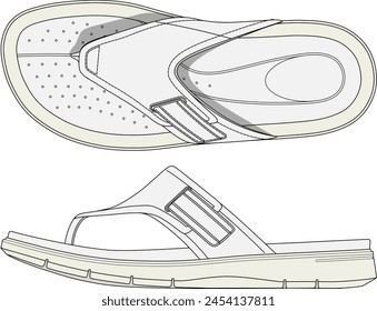 thong sandal outline drawing vector, flip-flop strap sandal design, side and top view