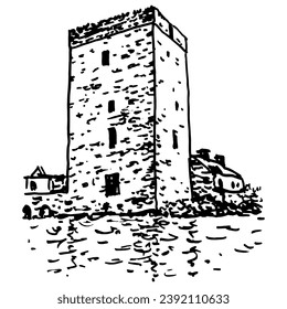 Thoor Ballylee Castle. View of historical Irish tower house in County Galway, Ireland. Yeats Tower. Hand drawn linear doodle rough sketch. Black silhouette on white background.