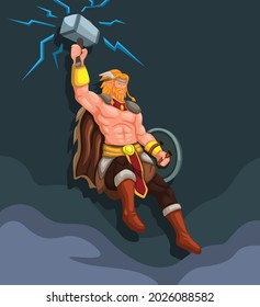 Thor god thunder with lightning hammer flying character illustration vector