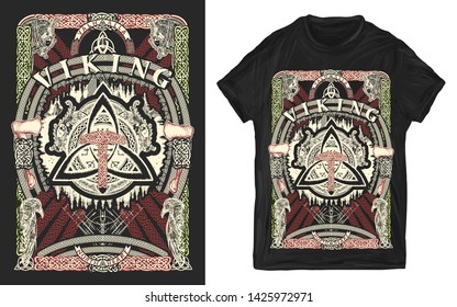 Thor hammer, dragons and sword. Helm of Awe. Celtic pagan. Viking slogan. Print for t-shirts and another, trendy apparel design 