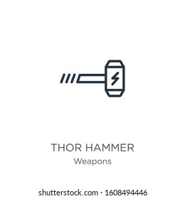 Thor hammer icon. Thin linear thor hammer outline icon isolated on white background from weapons collection. Line vector sign, symbol for web and mobile