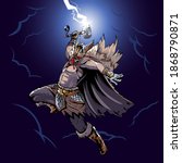 Thor lineart vector illustration holding Mjolnir with his iron gauntlet and power belt