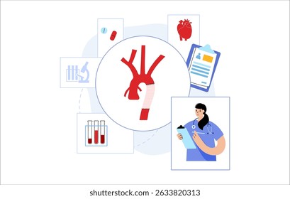 Cirugía abierta de aneurisma aórtico torácico. El cirujano repara o reemplaza el segmento aórtico agrandado con injerto sintético. Procedimiento cardiovascular, reparación aórtica, Vector de operación hospitalaria ilustración médica