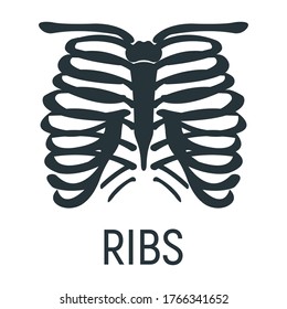 Thoracic Cage Bone, Chest Xray Concept Icon, Roentgen Human Body Image Isolated On White, Flat Vector Illustration. Skeleton Part Of Man Organism, Silhouette Black Biological Science.