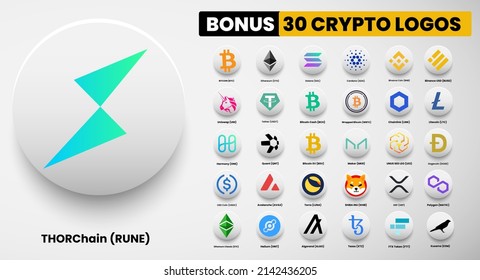 THORChain RUNE crypto logo symbols of cryptocurrency. Set of Bitcoin, Ethereum, Solana, Binance Coin, Binance USD, litecoin,avalanche, chainlink, maker, dogecoin, USD Coin, Shiba Inu, Polygon