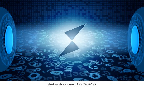 Thorchain RUNE token symbol of the DeFi system shining in the rays of light. Cryptocurrency logo icon. Decentralized finance programs. Vector EPS10.