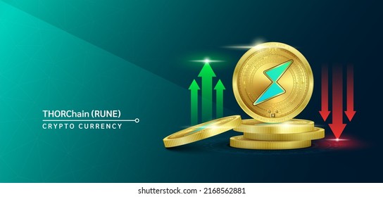 THORChain token cryptocurrency banner. Future currency on blockchain stock market with red-green arrows up and down. Gold coins crypto currencies. Banner for news on a solid background. 3D Vector.