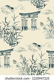 thorium nature landscape view vector sketch illustration japanese chinese oriental line art seamless pattern