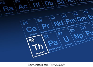 Thorium, on periodic table of the elements, in the actinide series. Radioactive metallic element with atomic number 90, and symbol Th, named after the Norse god Thor. Nuclear fuel in thorium reactors.