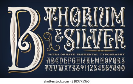 Thorium and Silver is a very ornate vintage style alphabet with inline designs and a metallic gold shadow line. Old world Victorian influence gives this a vibe of class and elegance.