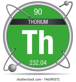 Thorium symbol  inside a metal ring with colored background and spheres orbiting around. Element number 90 of the Periodic Table of the Elements - Chemistry 