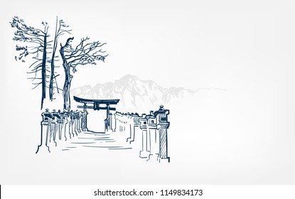 thorium toro alley view landscape card vector sketch illustration japanese chinese oriental line art