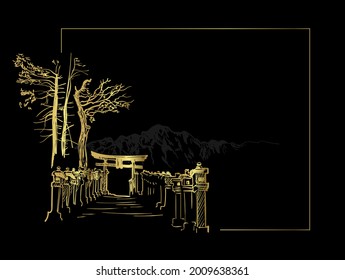 thorium toro alley view landscape card vector sketch illustration japanese chinese oriental line art black