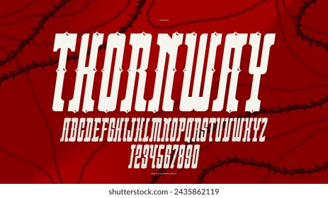 Thorn horror gothic rock display font for emblems and logos, dangerous blackthorn typeface for headlines and titles, bold serif typography alphabet letters with prickles, italic version.