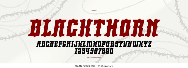 Thorn horror gothic rock display font for emblems and logos, dangerous blackthorn typeface for headlines and titles, bold serif typography alphabet letters with prickles, italic version.