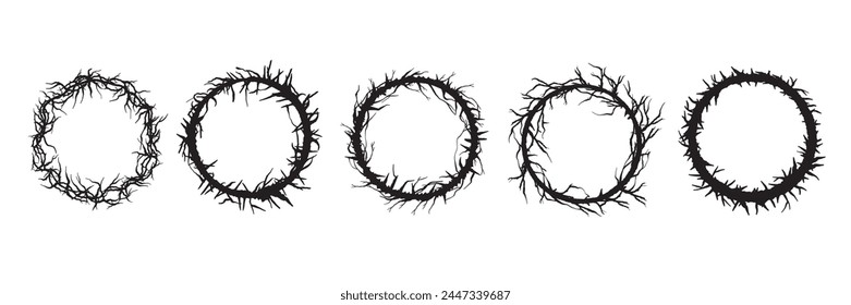 Thorn round frame set, vector gothic tattoo circle border, catholic wreath crown silhouette kit. Grunge branch vintage spike ornament, black roots spooky decoration outline. Thorn frame shape sign