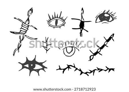 Thorn stem, barbed wire and eye doodle simple hand drawn y2k creepy set. Barbed wire tattoo. Boundary divider,border