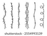 Thorn stem vine plant with spikes simple border y2k creepy branch. Barbed wire tattoo. Boundary frame. 