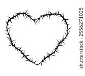 Thorn stem vine plant with spikes simple border heart y2k creepy branch. Barbed wire tattoo. Boundary frame. Romantic goth