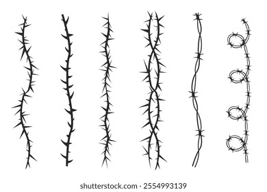 Thorn stem vine plant with spikes simple border y2k creepy branch. Barbed wire tattoo. Boundary frame. 