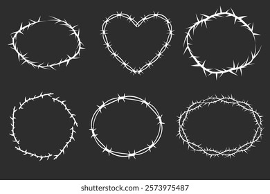 Thorn stem vine plant with spikes simple border frame oval y2k creepy branch. Barbed wire tattoo. Boundary frame. 