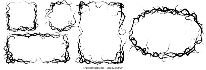 Thorn vine frame for rose branch pattern and border seamless plant. Circle thorny line for vector twisted creepy and background icon flower. Thorn isolated heart for rose love black.