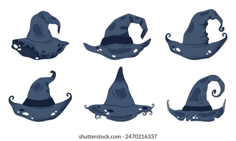 Thorn wizard hats. Halloween witch pointy hats, trick or treat october party magic costume element flat vector illustration set. Spooky magician hats collection