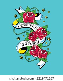 Thorned roses with ribbon. Forever yours print design