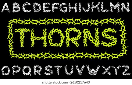 Thorns Alphabet A to Z Vector Illustrations with frame Thorns Twine decoration. Grunge barbed font.