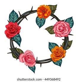 Thorns and roses engraving emblem. Rose hip wreath